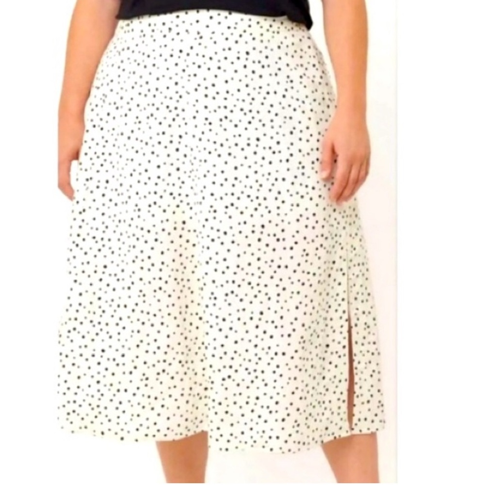 Loft Womens Linen Blend A Line Skirt Midi Work White Black Polka Dot Size 10